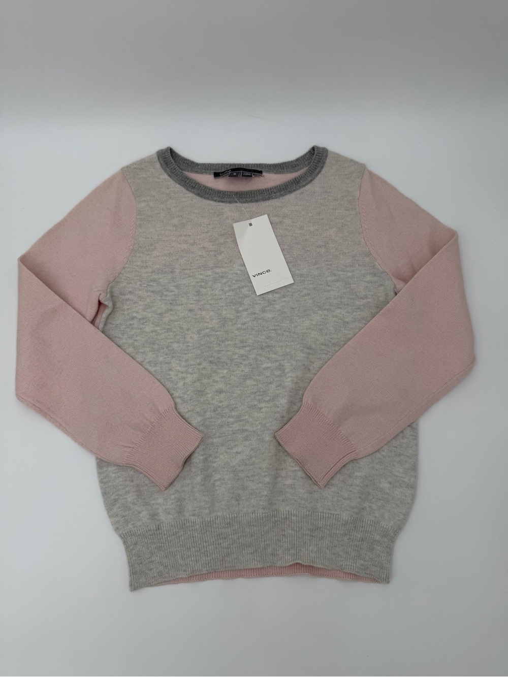 Vince Light Gray Body Crewneck Sweater with Blush Pink Sleeves 5 years